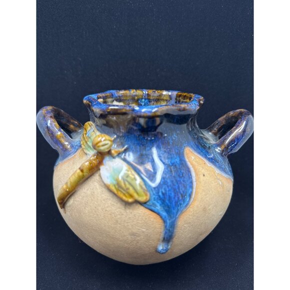 Vintage Art Pottery Vase Blue Drip Glaze w/ Dragonfly Design Handles Home Decor - Picture 8 of 10